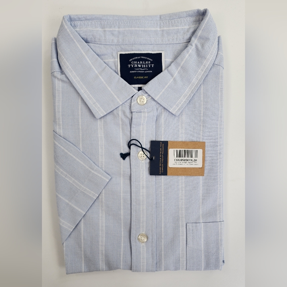 CHARLES TYRWHITT Dress Shirt Classic Fit Stripe Short Sleeve Cotton Size XL